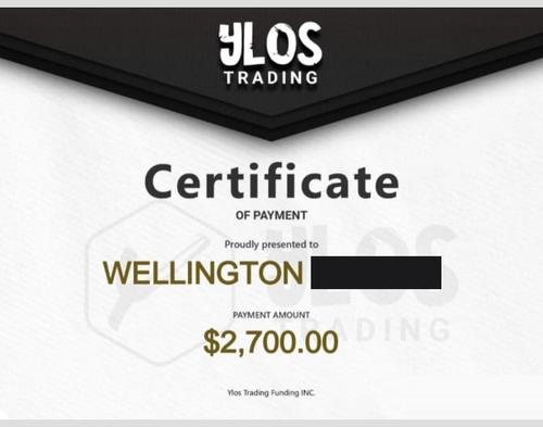 Certificado de saque Ylos Trading — Wellington, US$ 2.700