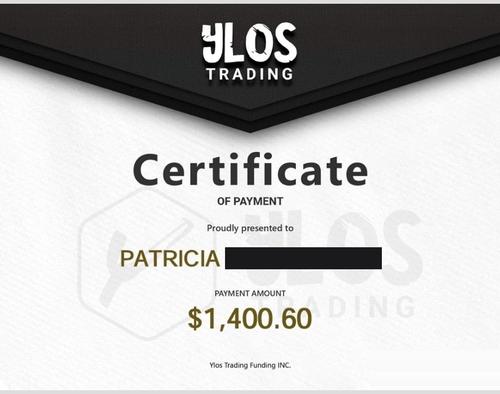 Certificado de saque Ylos Trading — Patrícia, US$ 1.400