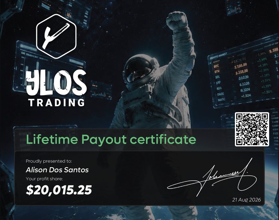 Certificado Lifetime Payout da Ylos Trading de Alison Santos, total acumulado de US$ 20.015,25 em 21/08/2026