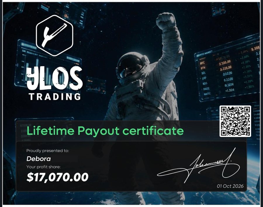 Certificado Lifetime Payout da Ylos Trading de Débora, total acumulado de US$ 17.070,00 em 01/10/2026