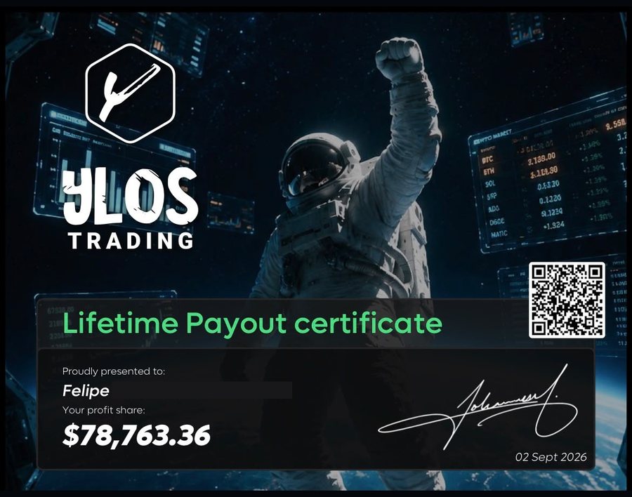 Certificado Lifetime Payout da Ylos Trading de Felipe, total acumulado de US$ 78.763,36 em 02/09/2026