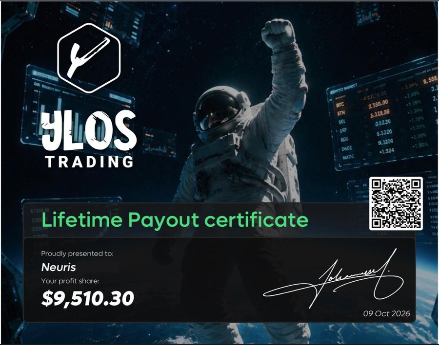 Certificado Lifetime Payout da Ylos Trading de Neuris, total acumulado de US$ 9.510,30 em 09/10/2026